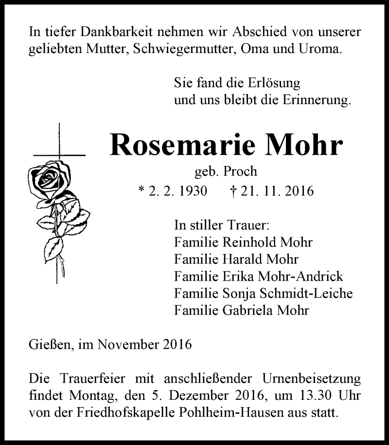  Traueranzeige für Rosemarie Mohr vom 30.11.2016 aus  Gießener Anzeiger