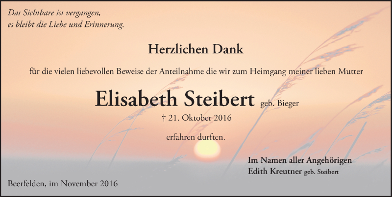  Traueranzeige für Elisabeth Steibert vom 16.11.2016 aus Trauerportal Echo Online