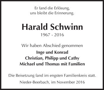 Traueranzeige von Harald Schwinn von Trauerportal Echo Online