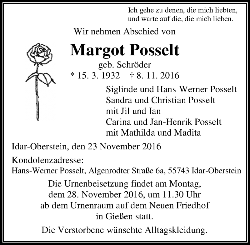  Traueranzeige für Margot Posselt vom 23.11.2016 aus  Gießener Anzeiger