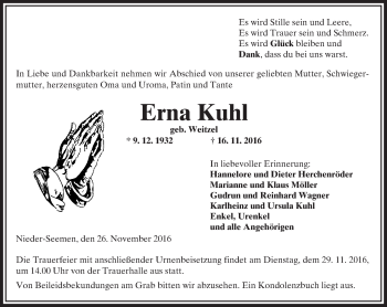Traueranzeige von Erna Kuhl von  Kreisanzeiger