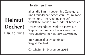 Traueranzeige von Helmut Dechert von Trauerportal Echo Online