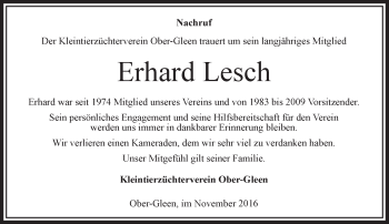 Traueranzeige von Erhard Lesch von VRM Trauer