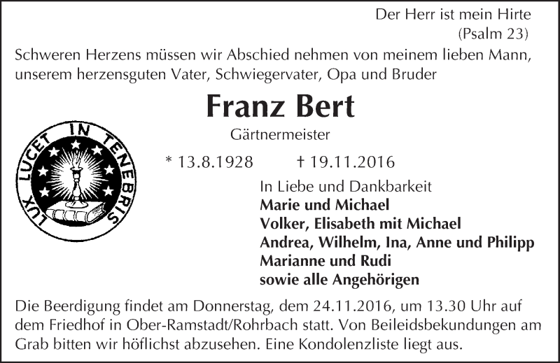 Traueranzeige für Franz Bert vom 22.11.2016 aus Trauerportal Echo Online
