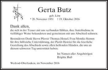 Traueranzeige von Gerta Butz von  Usinger Anzeiger