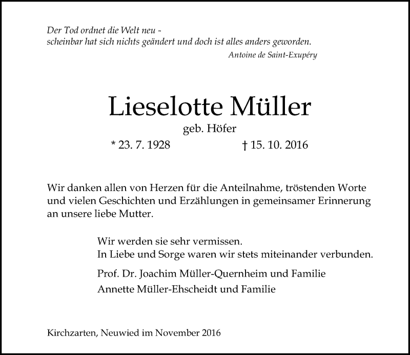  Traueranzeige für Lieselotte Müller vom 12.11.2016 aus Trauerportal Rhein Main Presse