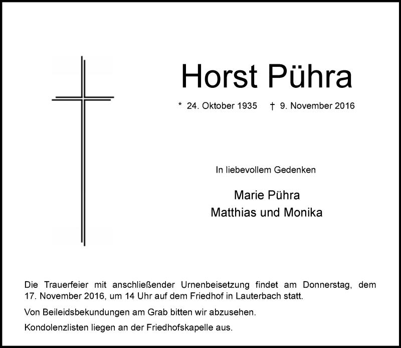  Traueranzeige für Horst Pühra vom 14.11.2016 aus VRM Trauer