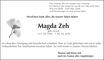 Traueranzeige von Magda Zeh von Trauerportal Echo Online