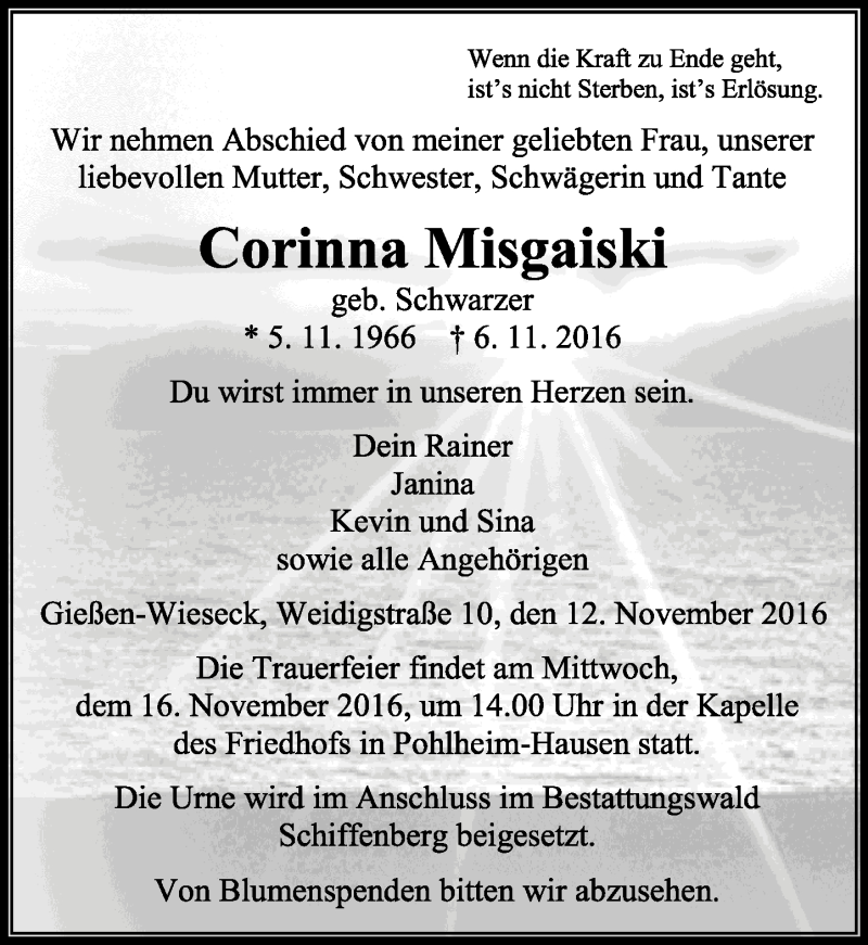  Traueranzeige für Corinna Misgaiski vom 12.11.2016 aus  Gießener Anzeiger