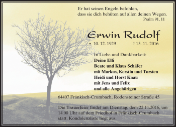 Traueranzeige von Erwin Rudolf von Trauerportal Echo Online