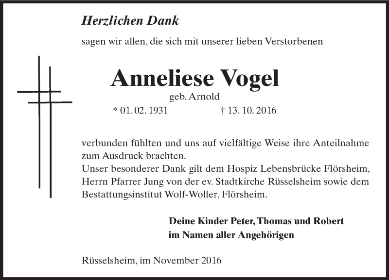  Traueranzeige für Anneliese Vogel vom 19.11.2016 aus Trauerportal Rhein Main Presse