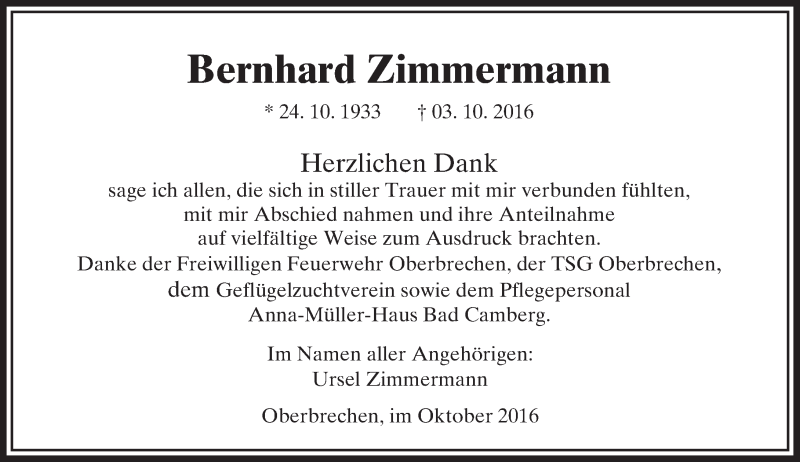  Traueranzeige für Bernhard Zimmermann vom 03.11.2016 aus  Camberger Anzeiger