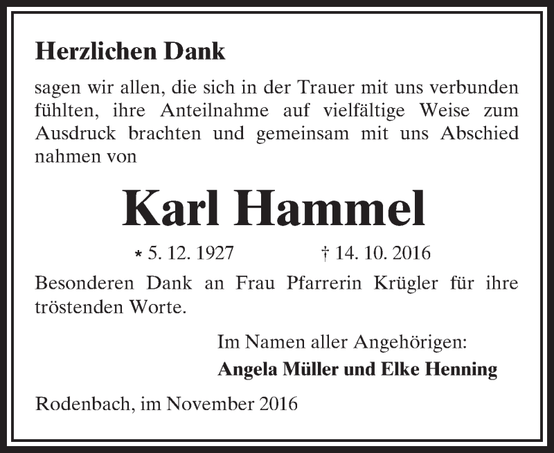  Traueranzeige für Karl Hammel vom 12.11.2016 aus  Kreisanzeiger