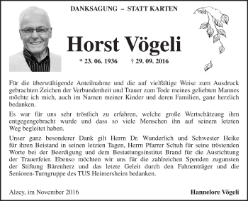 Traueranzeige von Horst Vögeli von Trauerportal Rhein Main Presse