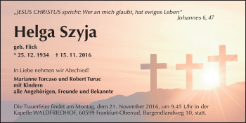 Traueranzeige von Helga Szyja von  Kreisanzeiger