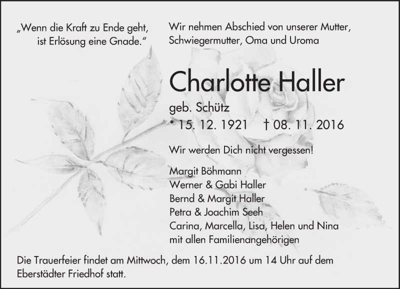  Traueranzeige für Charlotte Haller vom 12.11.2016 aus Trauerportal Echo Online