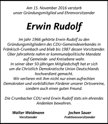 Traueranzeige von Erwin Rudolf von Trauerportal Echo Online