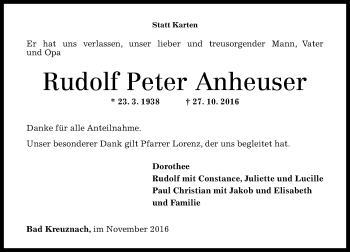 Traueranzeige von Peter Anheuser von Trauerportal Rhein Main Presse