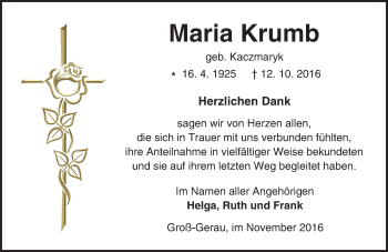 Traueranzeige von Maria Krumb von Trauerportal Echo Online