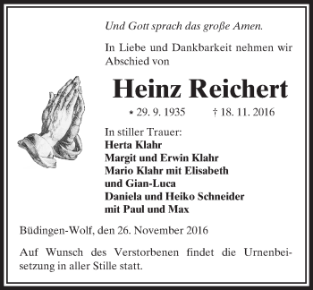 Traueranzeige von Heinz Reichert von  Kreisanzeiger