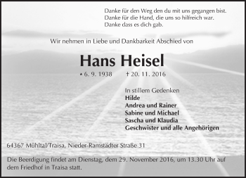 Traueranzeige von Hans Heisel von Trauerportal Echo Online