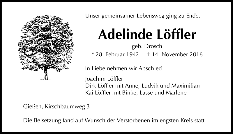  Traueranzeige für Adelinde Löffler vom 26.11.2016 aus  Gießener Anzeiger