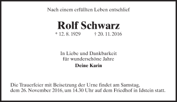 Traueranzeige von Rolf Schwarz von Trauerportal Rhein Main Presse