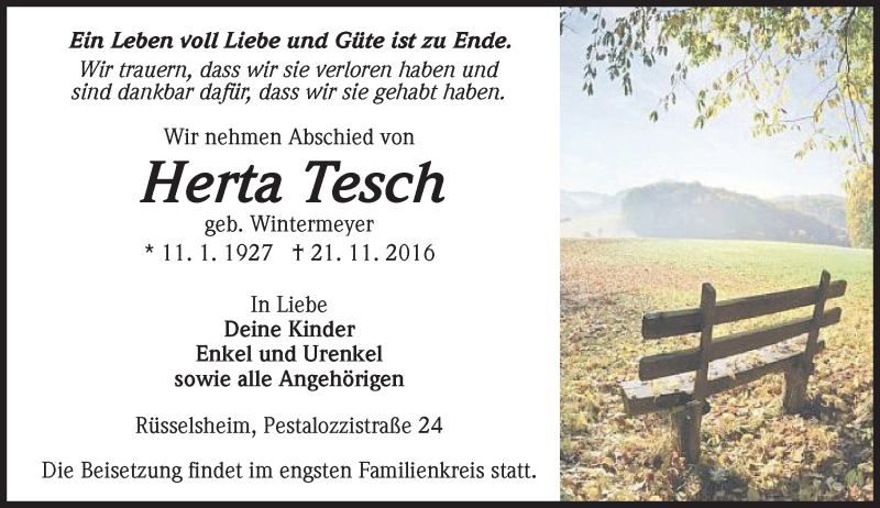  Traueranzeige für Herta Tesch vom 26.11.2016 aus Trauerportal Rhein Main Presse