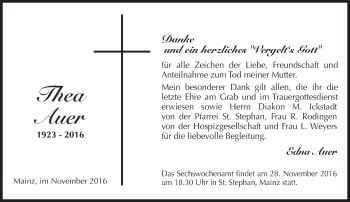 Traueranzeige von Thea Auer von Trauerportal Rhein Main Presse