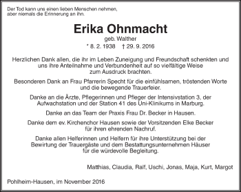 Traueranzeige von Erika Ohnmacht von  Gießener Anzeiger