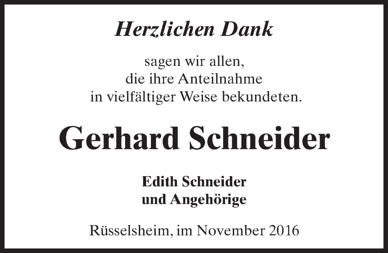  Traueranzeige für Gerhard Schneider vom 05.11.2016 aus Trauerportal Echo Online