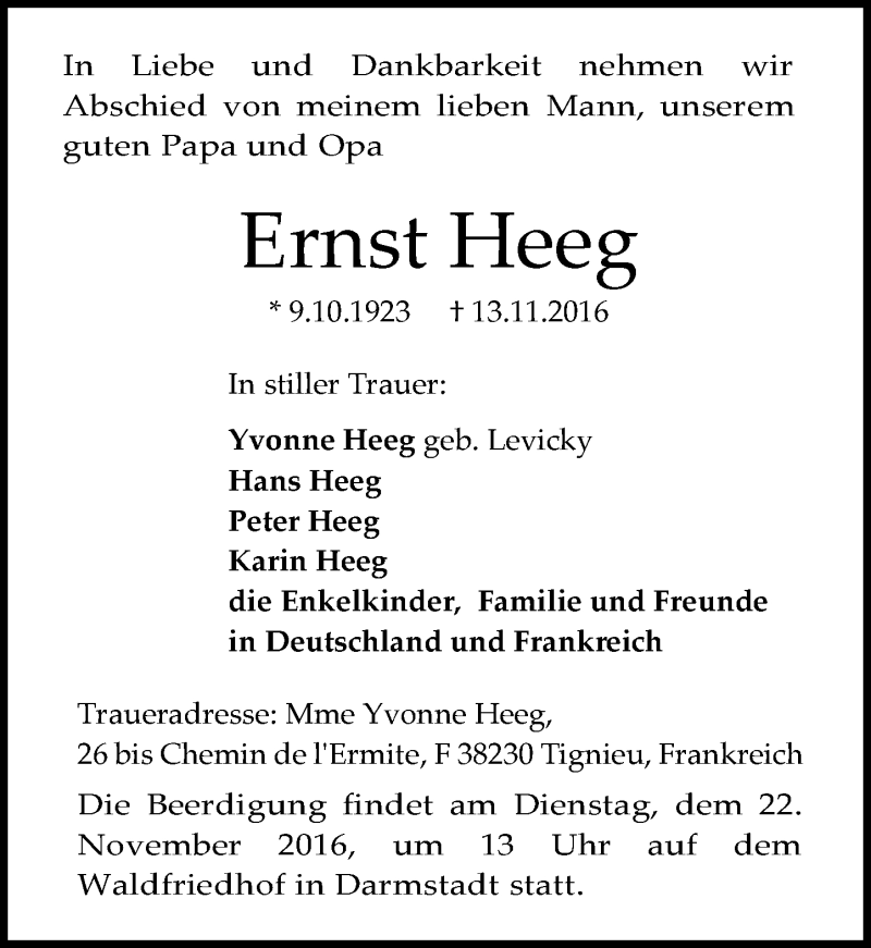 Traueranzeige für Ernst Heeg vom 19.11.2016 aus Trauerportal Echo Online