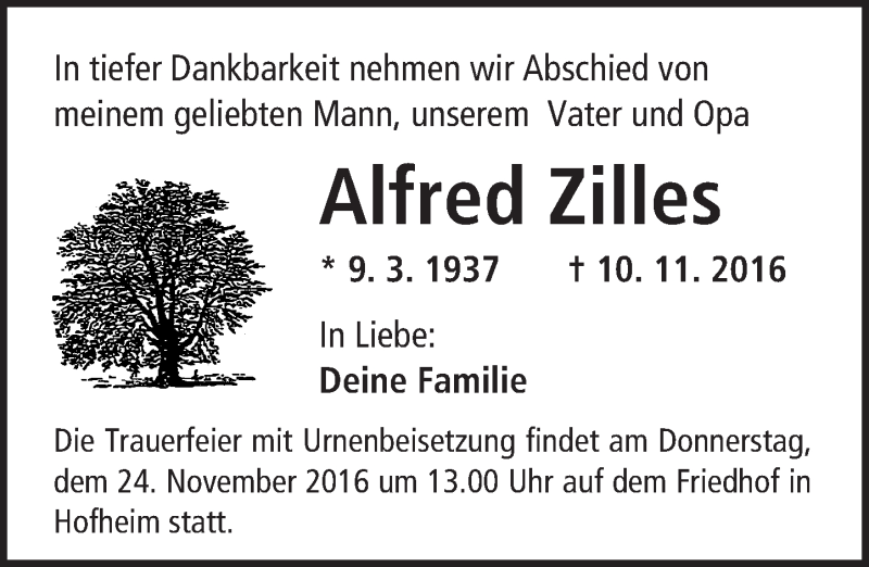  Traueranzeige für Alfred Zilles vom 16.11.2016 aus Trauerportal Rhein Main Presse