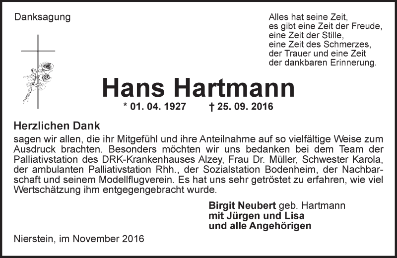  Traueranzeige für Hans Hartmann vom 05.11.2016 aus Trauerportal Rhein Main Presse