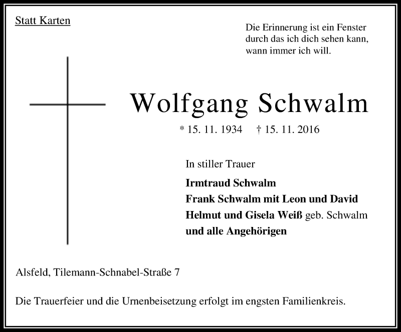  Traueranzeige für Wolfgang Schwalm vom 19.11.2016 aus VRM Trauer