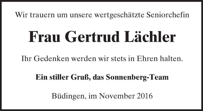  Traueranzeige für Gertrud Lächler vom 12.11.2016 aus  Kreisanzeiger