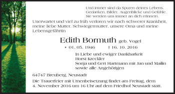 Traueranzeige von Edith Bormuth von Trauerportal Echo Online