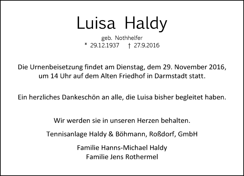  Traueranzeige für Luisa Haldy vom 19.11.2016 aus Trauerportal Echo Online