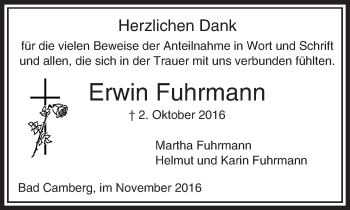 Traueranzeige von Erwin Fuhrmann von  Camberger Anzeiger