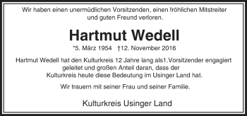 Traueranzeige von Hartmut Wedell von  Usinger Anzeiger