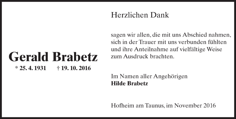  Traueranzeige für Gerald Brabetz vom 11.11.2016 aus Trauerportal Rhein Main Presse