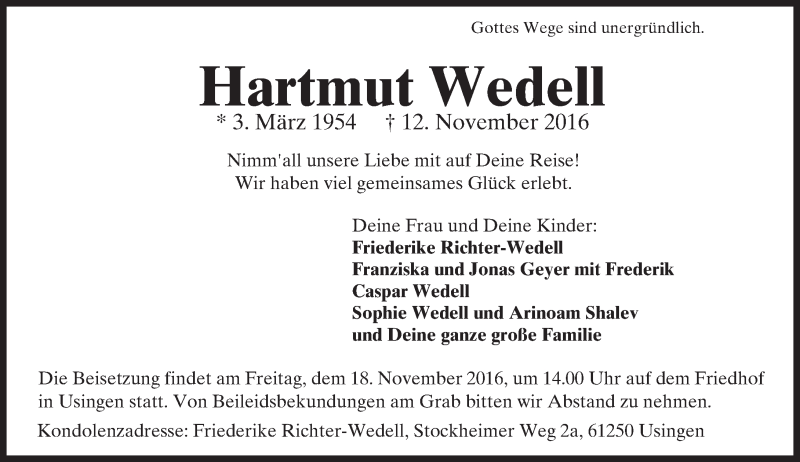  Traueranzeige für Hartmut Wedell vom 15.11.2016 aus  Usinger Anzeiger