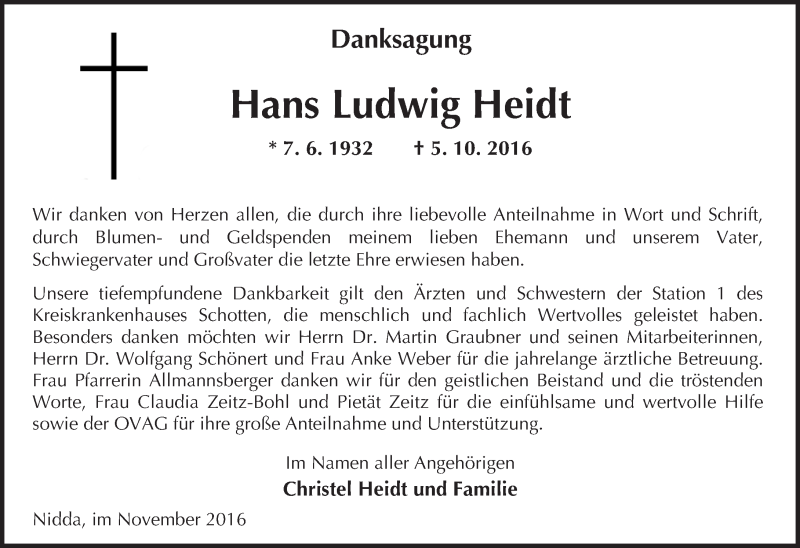  Traueranzeige für Hans Ludwig Heidt vom 12.11.2016 aus  Kreisanzeiger