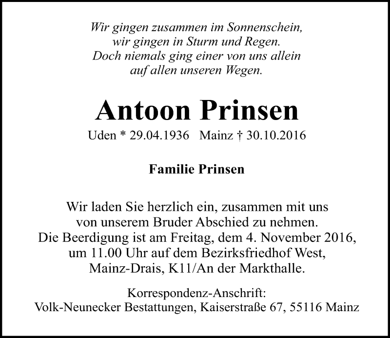  Traueranzeige für Antoon Prinsen vom 02.11.2016 aus Trauerportal Rhein Main Presse