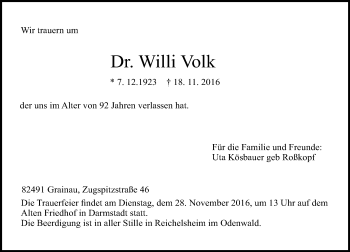 Traueranzeige von Willi Volk von Trauerportal Echo Online