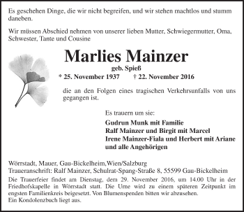 Traueranzeige von Marlies Mainzer von Trauerportal Rhein Main Presse