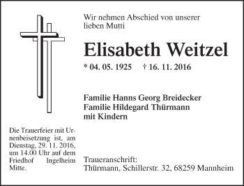 Traueranzeige von Elisabeth Weitzel von Trauerportal Rhein Main Presse