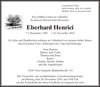 Traueranzeige von Eberhard Henrici von  Usinger Anzeiger