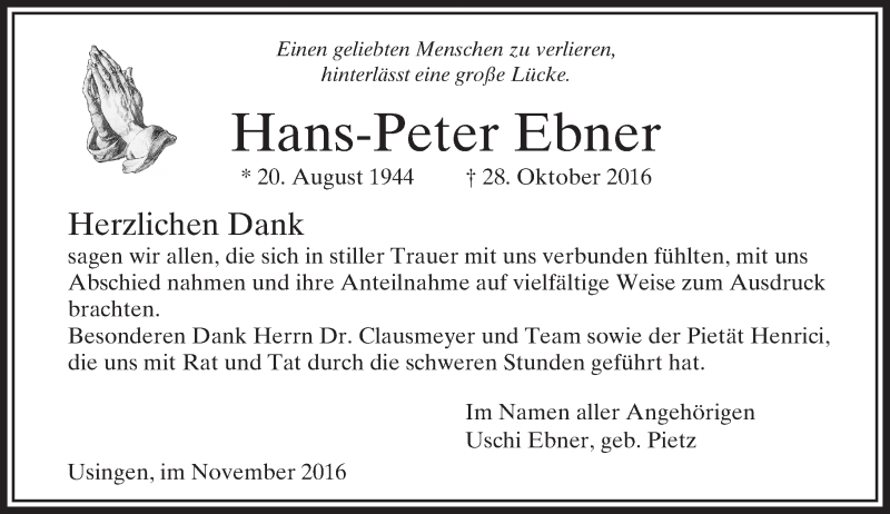  Traueranzeige für Hans-Peter Ebner vom 26.11.2016 aus  Usinger Anzeiger