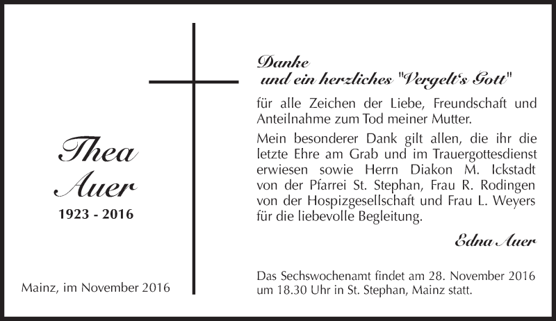 Traueranzeige für Thea Auer vom 26.11.2016 aus Trauerportal Rhein Main Presse